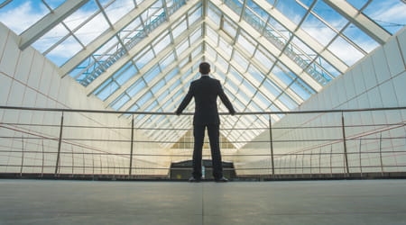 Businessman looking out glass roof